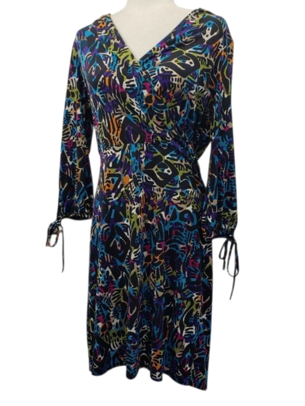 Nicole Miller Surplice Front Dress Sz L Multicolor Long Sleeve Tie Waist Stretch